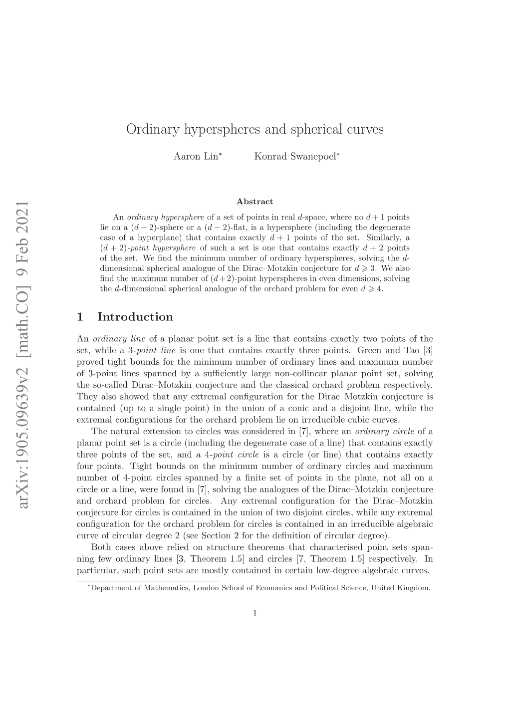 Ordinary Hyperspheres and Spherical Curves