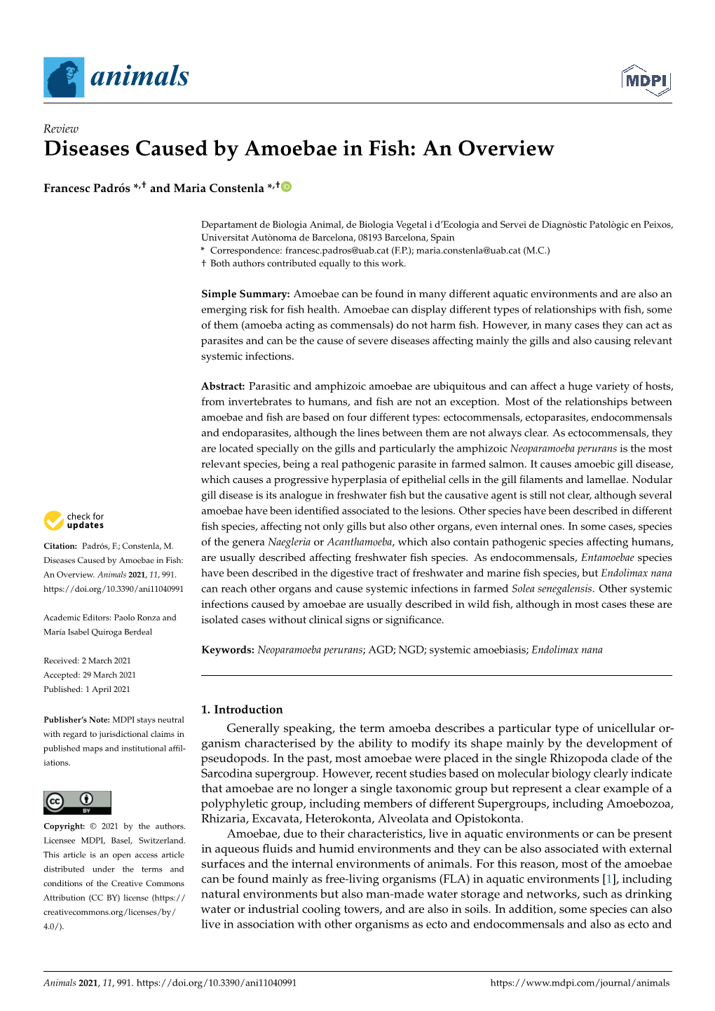 Diseases Caused by Amoebae in Fish: an Overview