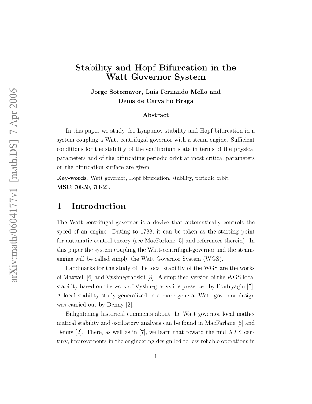 Stability and Hopf Bifurcation in the Watt Governor System