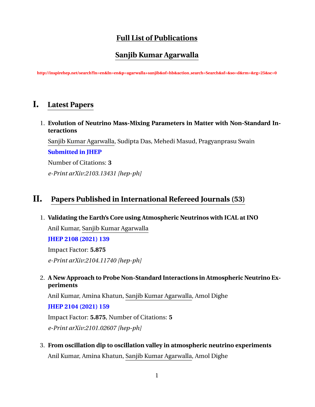 Full List of Publications Sanjib Kumar Agarwalla I. Latest Papers II