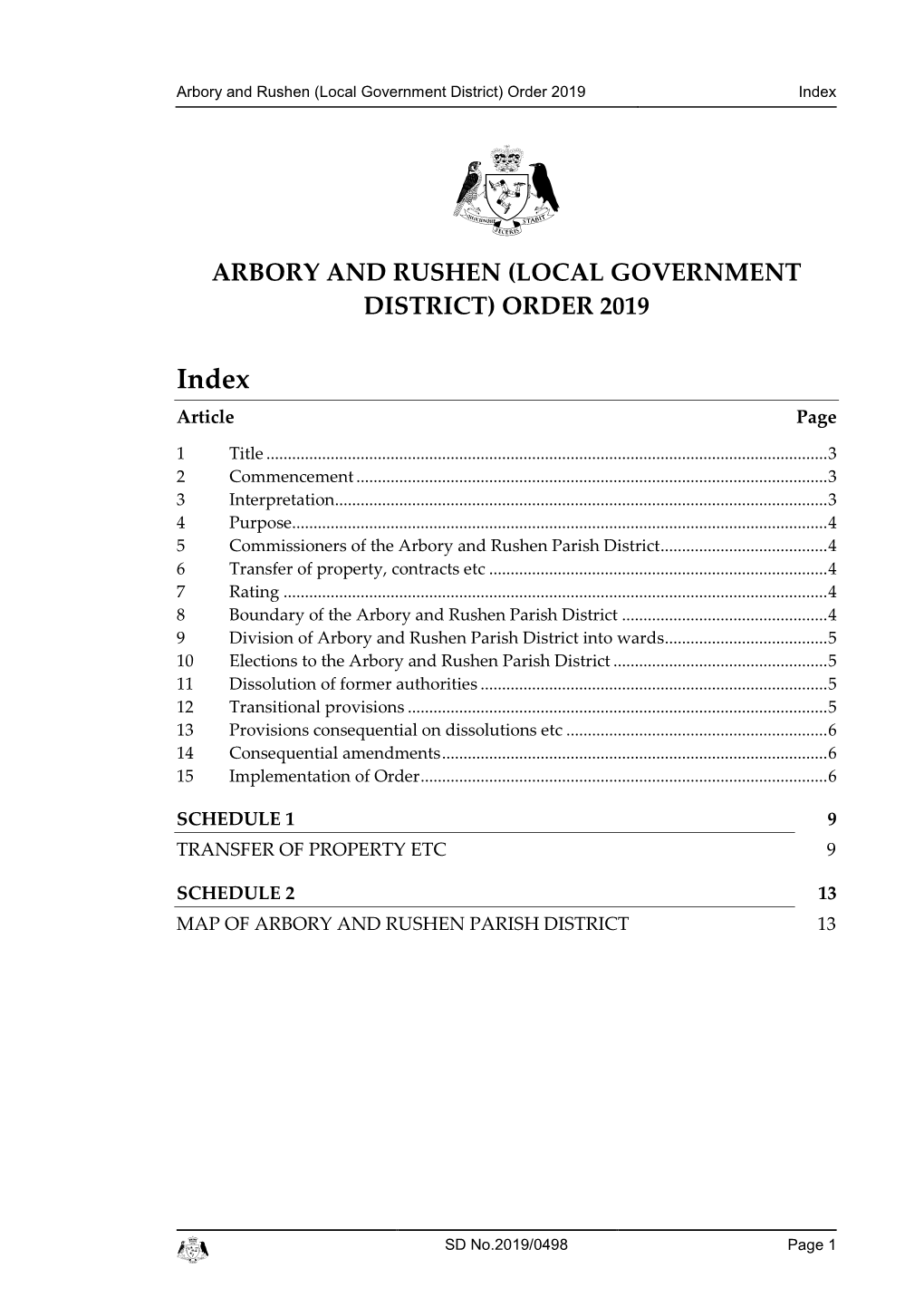 Arbory and Rushen (Local Government District) Order 2019 Index