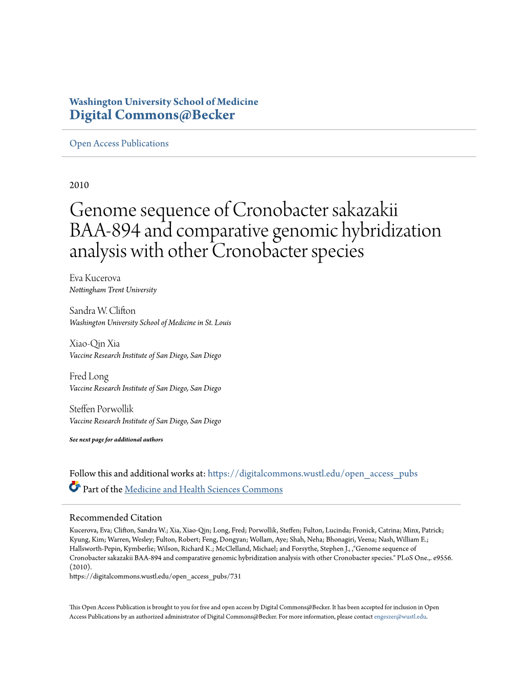 Genome Sequence of Cronobacter Sakazakii BAA-894 And