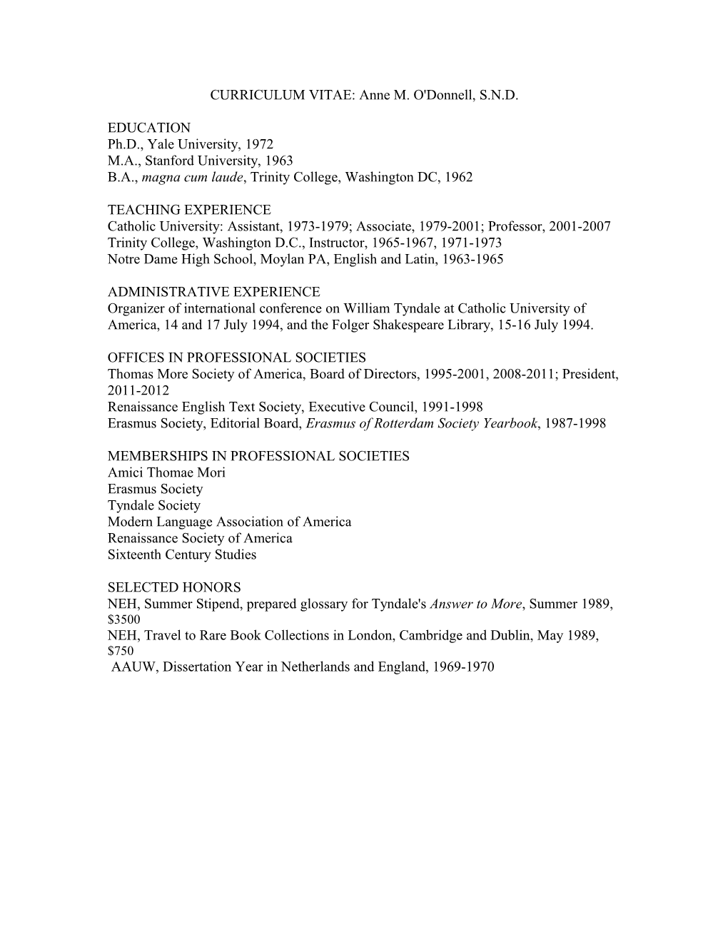 CURRICULUM VITAE: Anne M. O'donnell, S.N.D