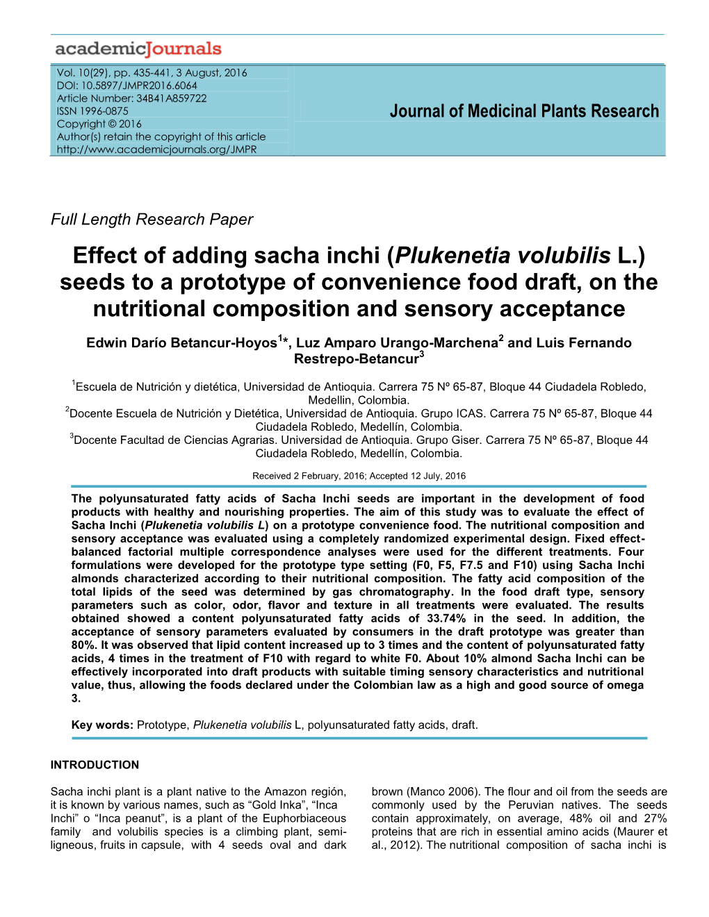 Effect of Adding Sacha Inchi (Plukenetia Volubilis L.) Seeds to a Prototype of Convenience Food Draft, on the Nutritional Composition and Sensory Acceptance