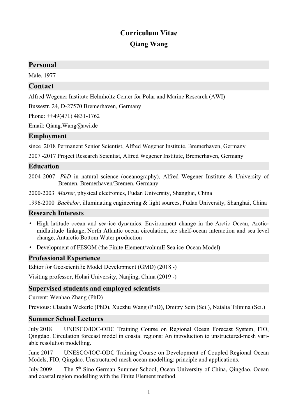 Curriculum Vitae Qiang Wang