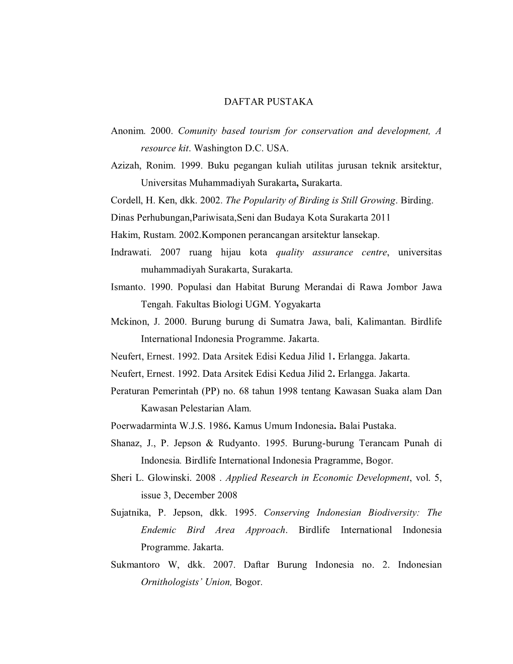 DAFTAR PUSTAKA Anonim. 2000. Comunity Based Tourism for Conservation and Development, a Resource Kit. Washington D.C. USA. Aziza