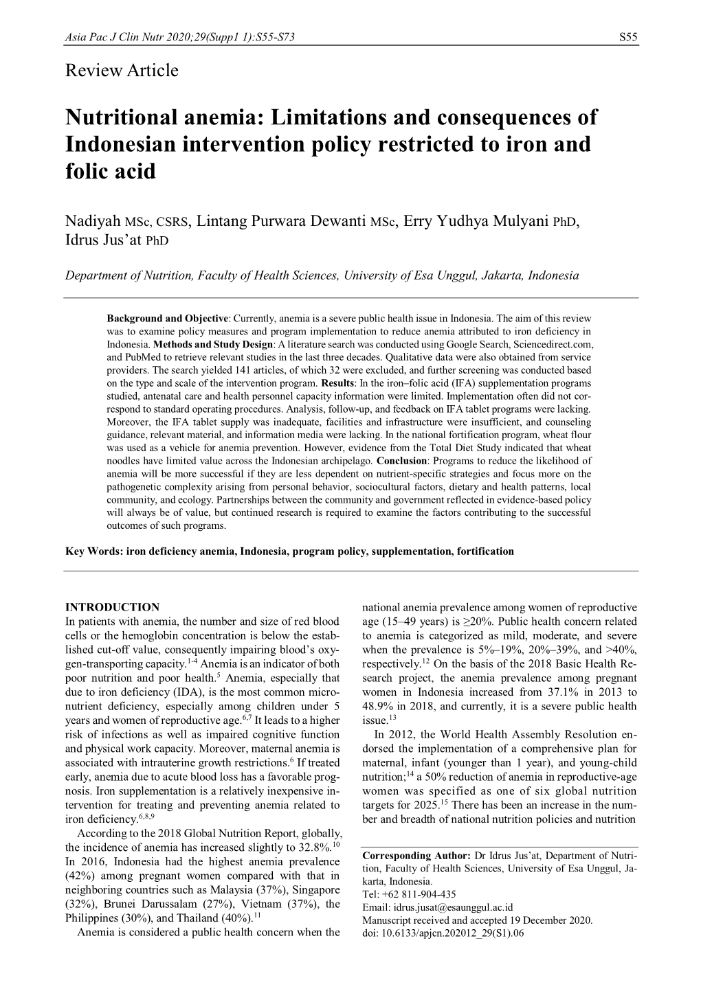Nutritional Anemia: Limitations and Consequences of Indonesian Intervention Policy Restricted to Iron and Folic Acid