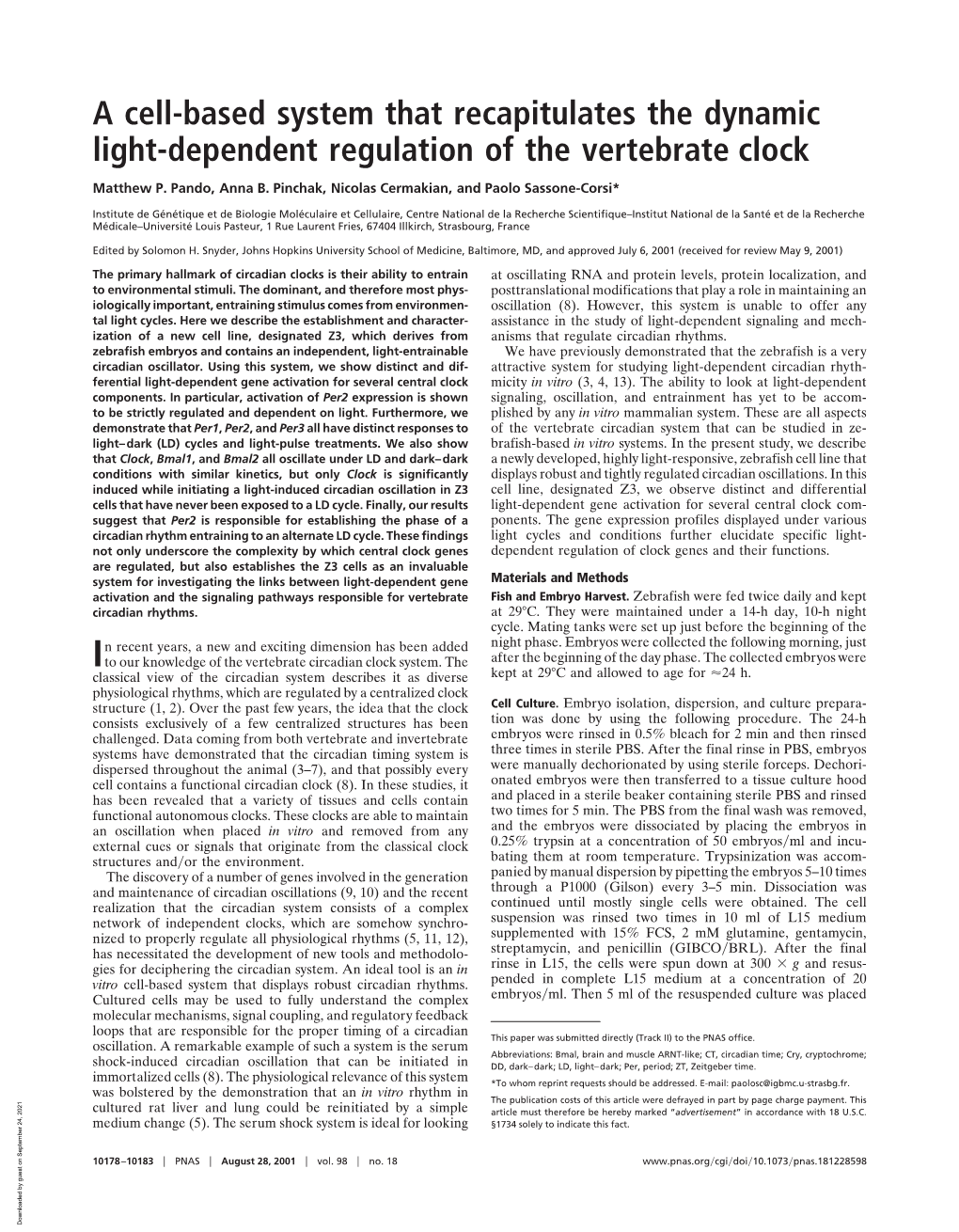 A Cell-Based System That Recapitulates the Dynamic Light-Dependent Regulation of the Vertebrate Clock