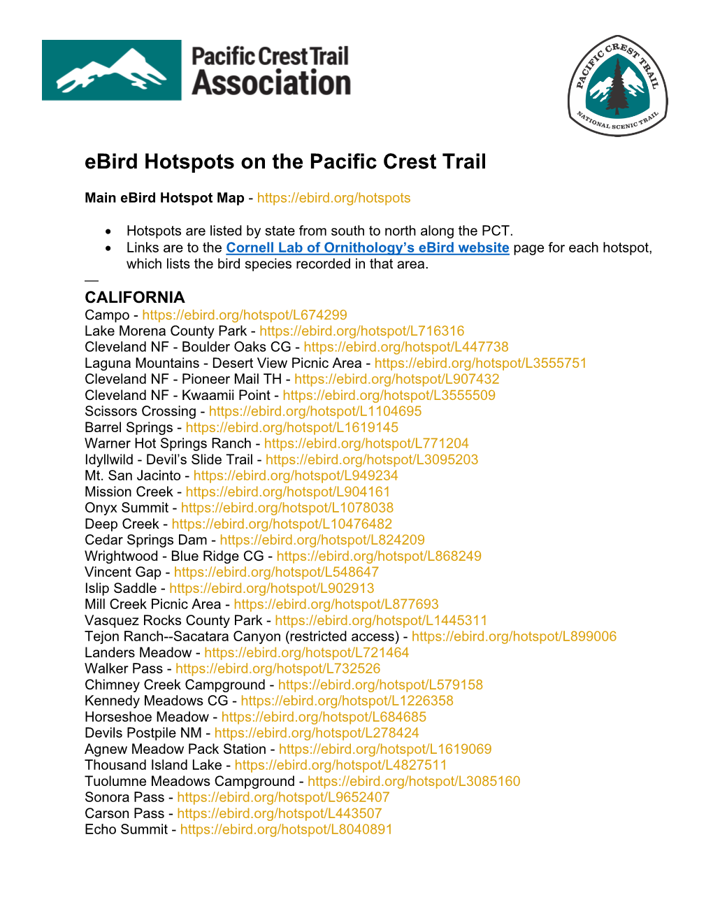 Ebird Hotspots on the Pacific Crest Trail