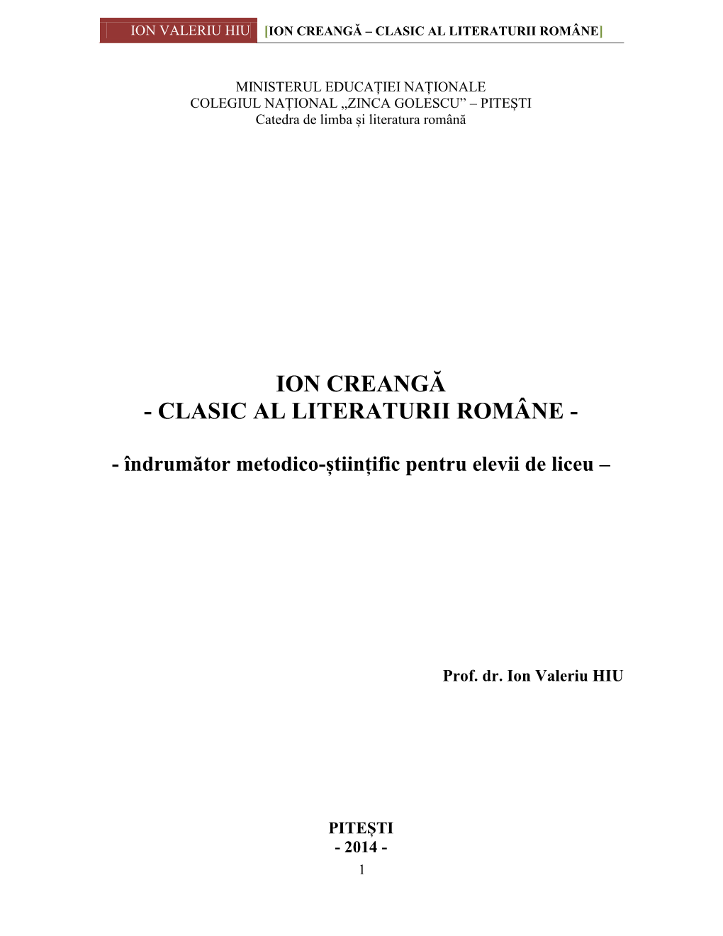 Ion Creangă – Clasic Al Literaturii Române]