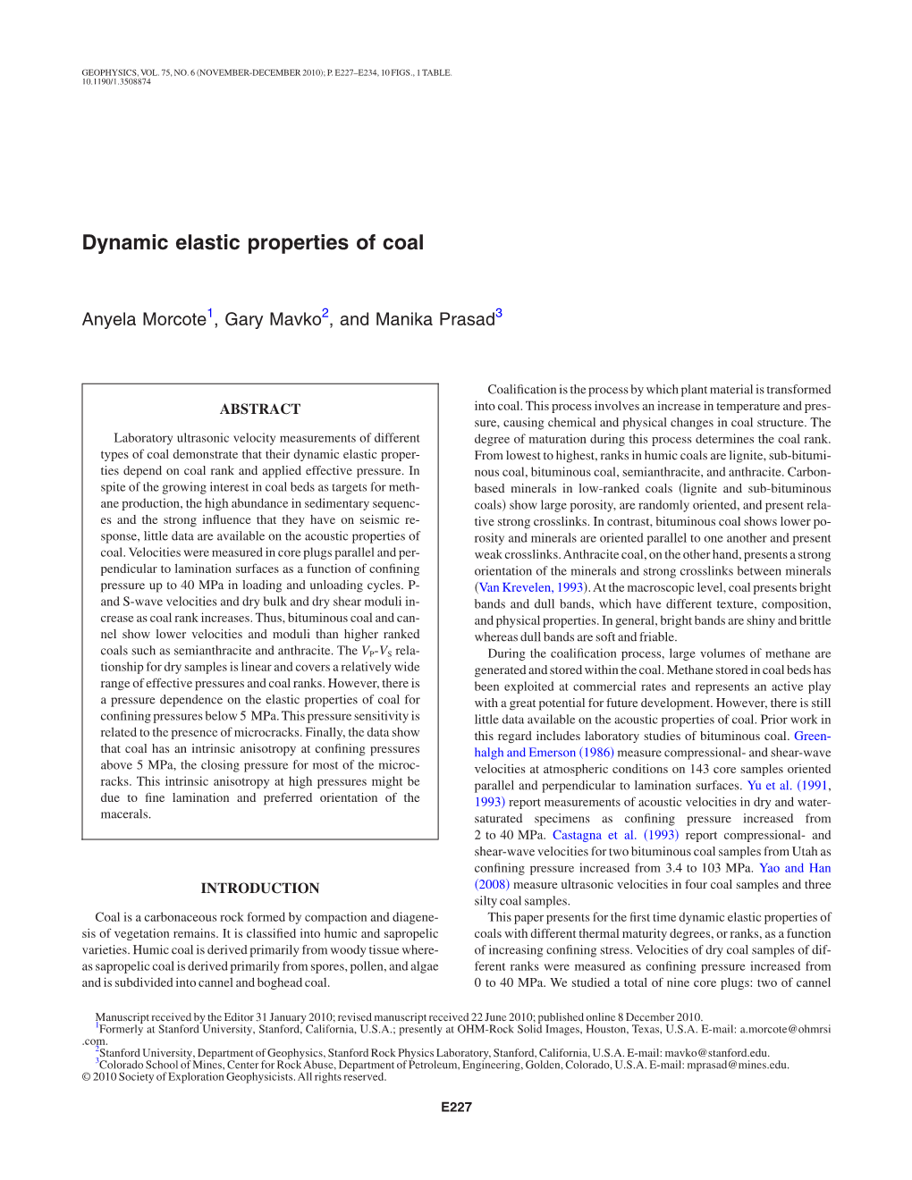 Dynamic Elastic Properties of Coal