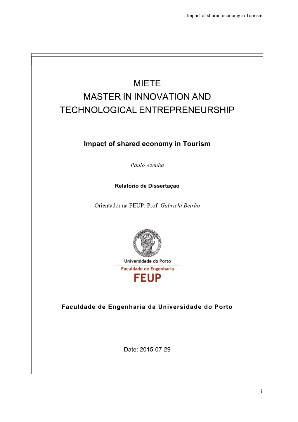 Miete Master in Innovation and Technological Entrepreneurship