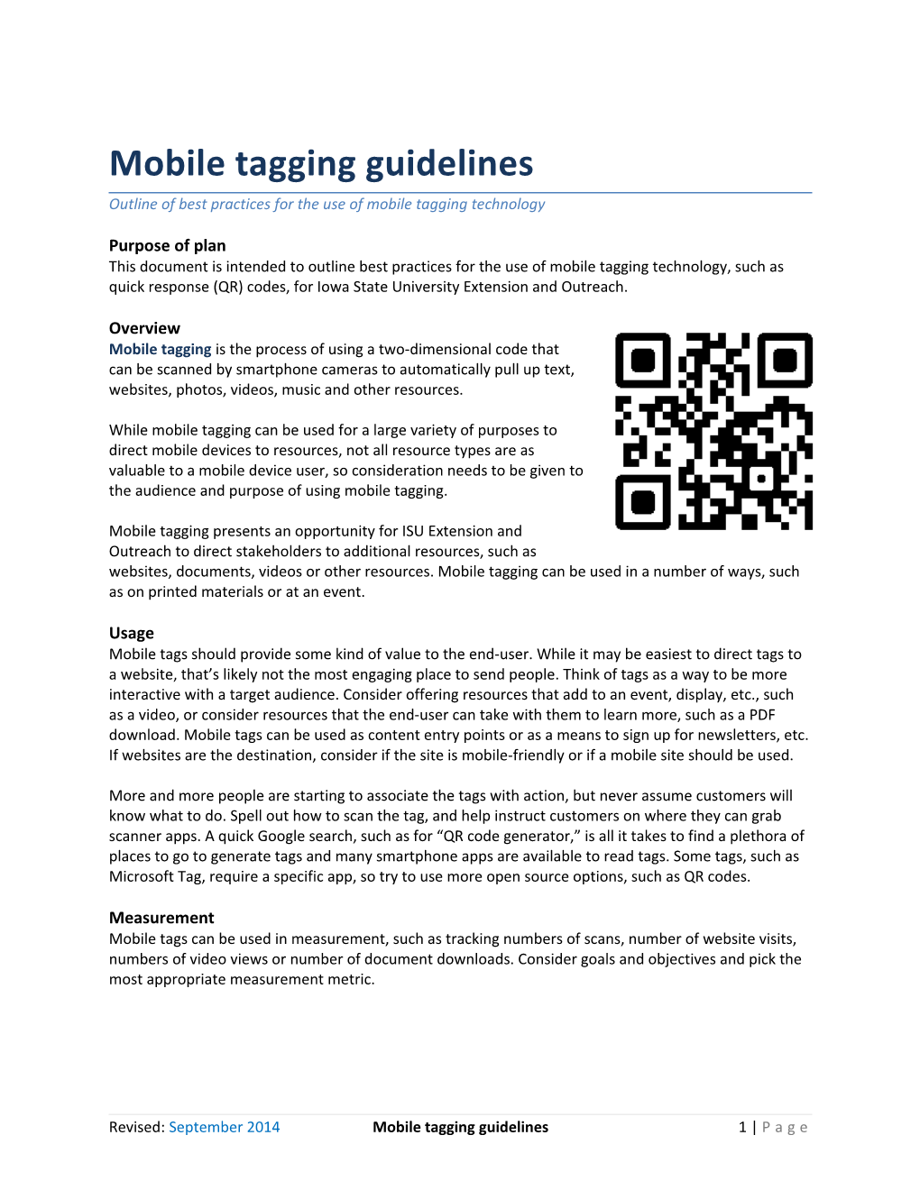 Outline of Best Practices for the Use of Mobile Tagging Technology