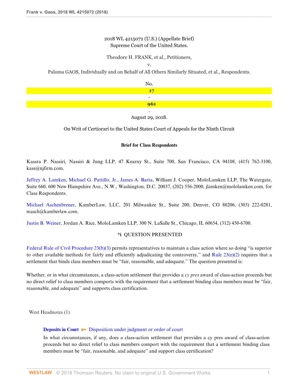 © 2018 Thomson Reuters. No Claim to Original U.S. Government Works. 1 Frank V