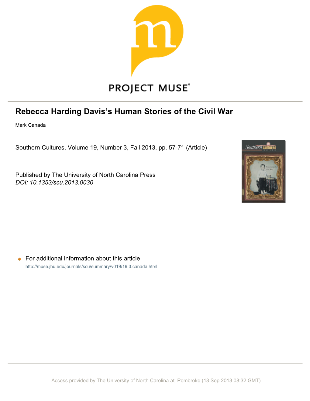Rebecca Harding Davis's Human Stories of the Civil