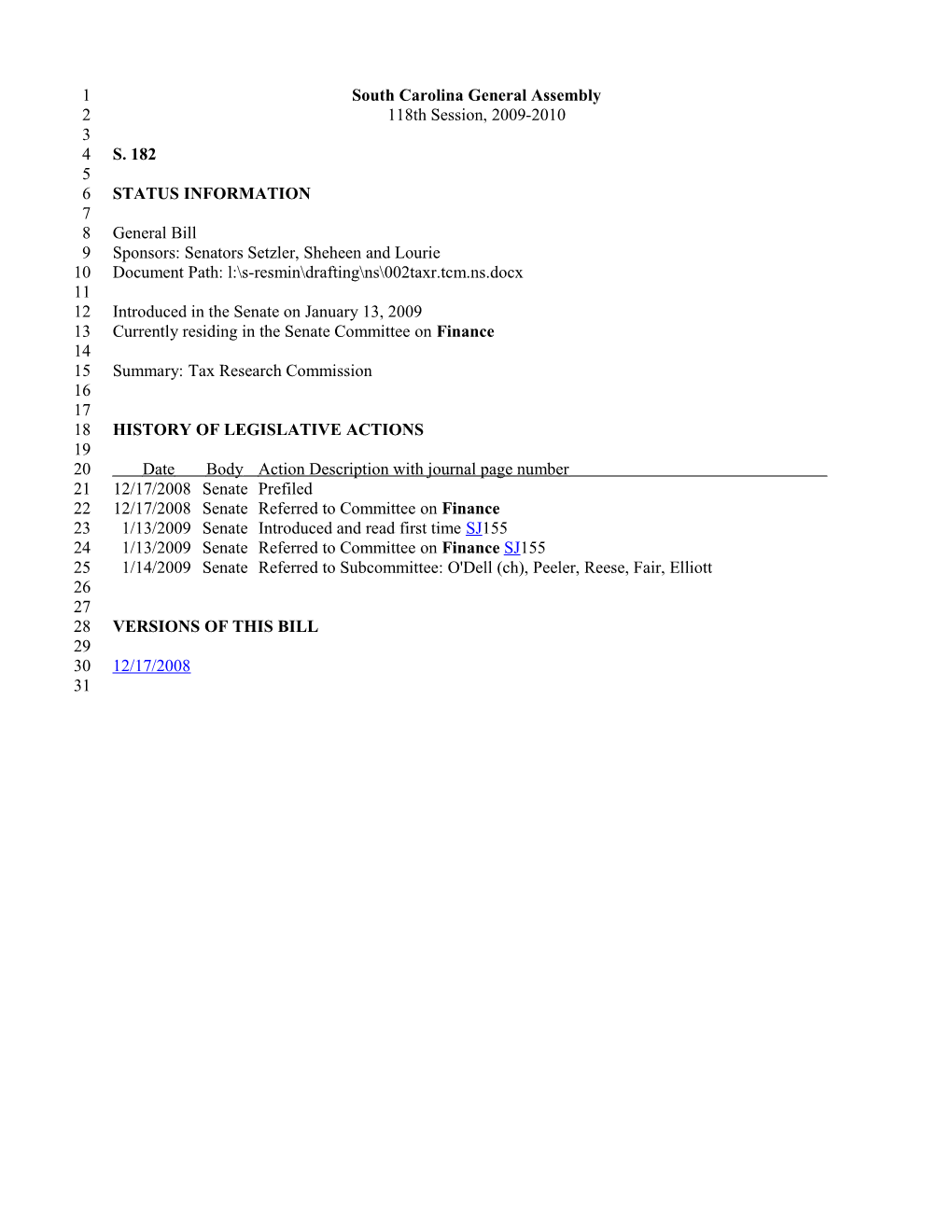 2009-2010 Bill 182: Tax Research Commission - South Carolina Legislature Online