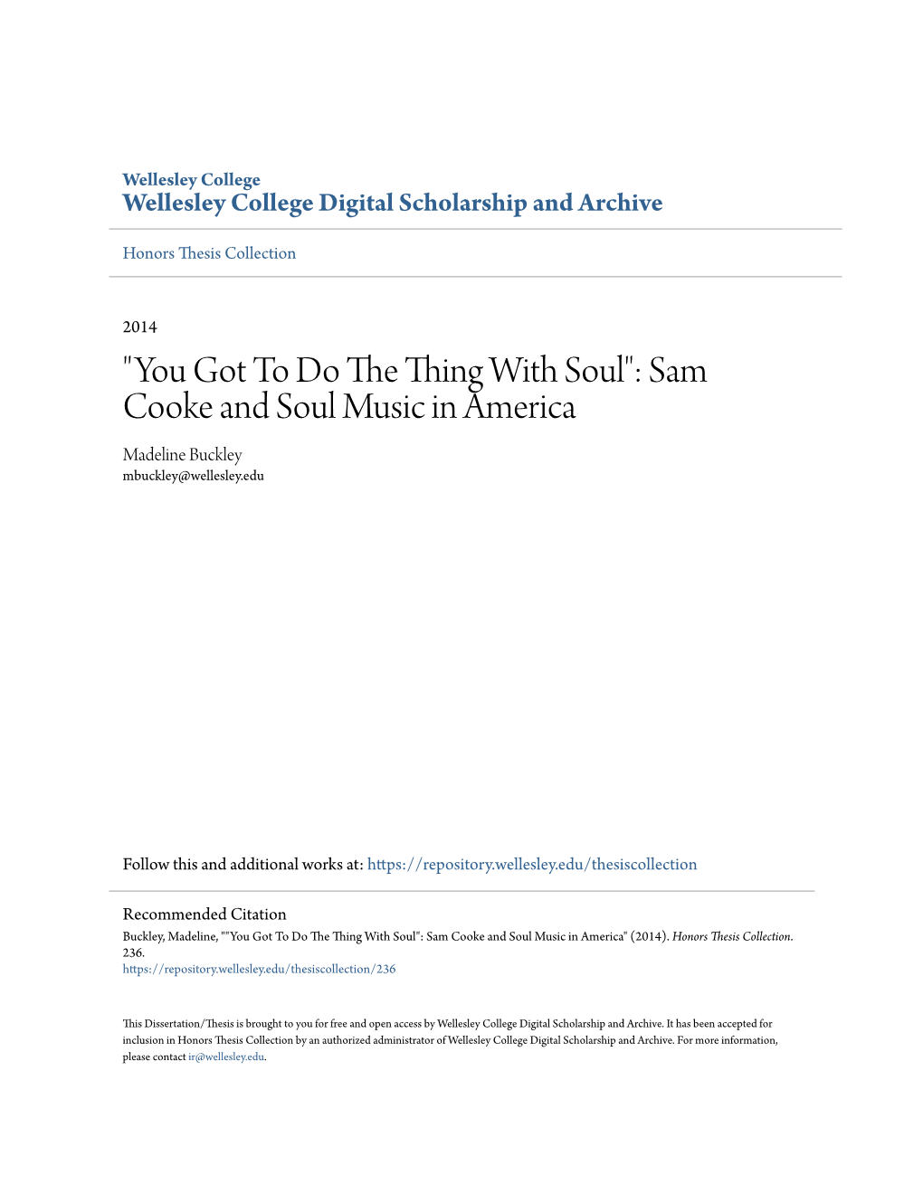 Sam Cooke and Soul Music in America Madeline Buckley Mbuckley@Wellesley.Edu