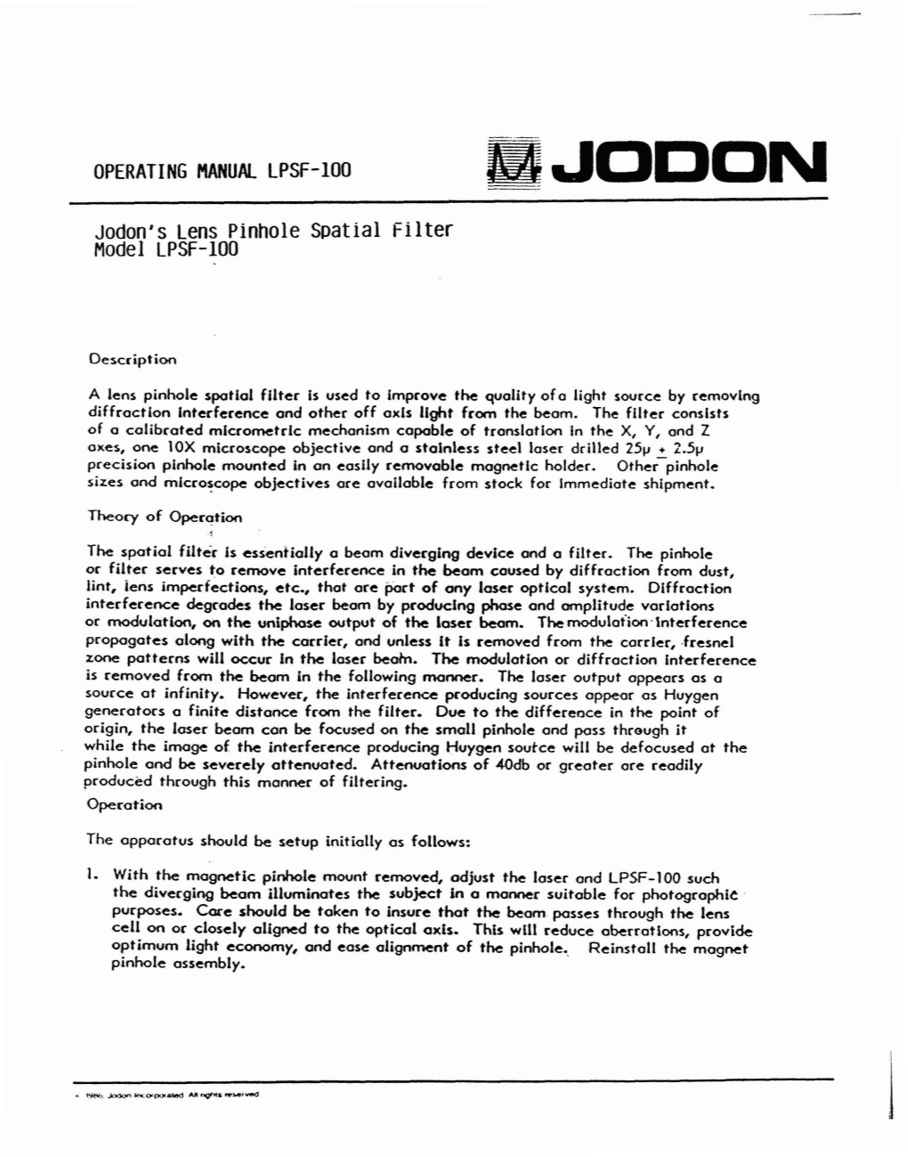 Jodon's Lens Pinhole Spatial Filter Model LPSF-100