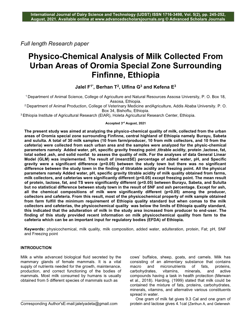 Physico-Chemical Analysis of Milk Collected from Urban Areas of Oromia Special Zone Surrounding Finfinne, Ethiopia