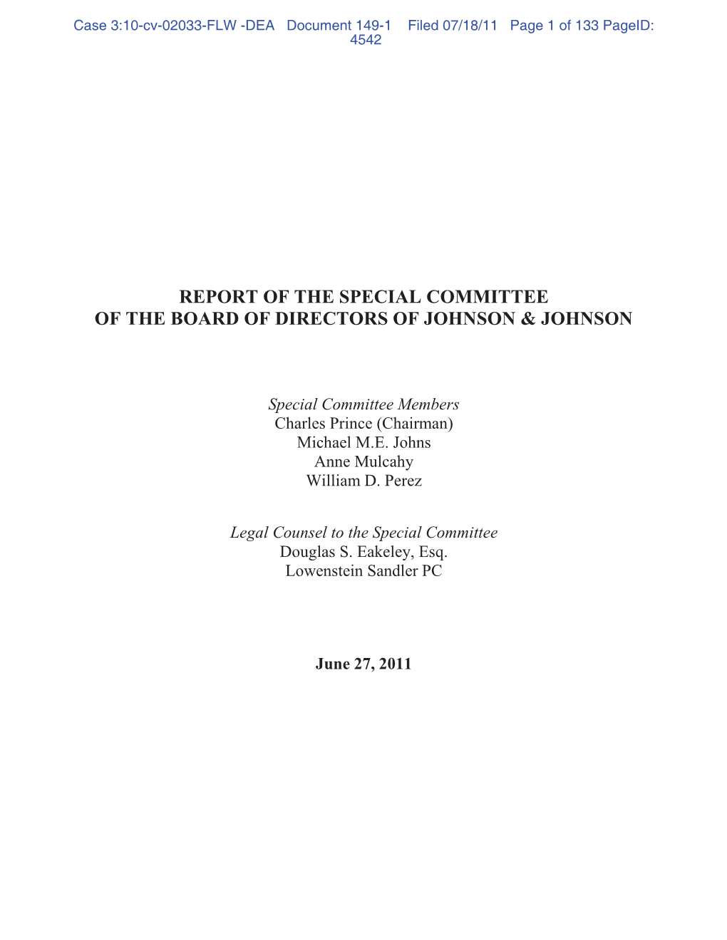 Report of the Special Committee of the Board of Directors of Johnson & Johnson