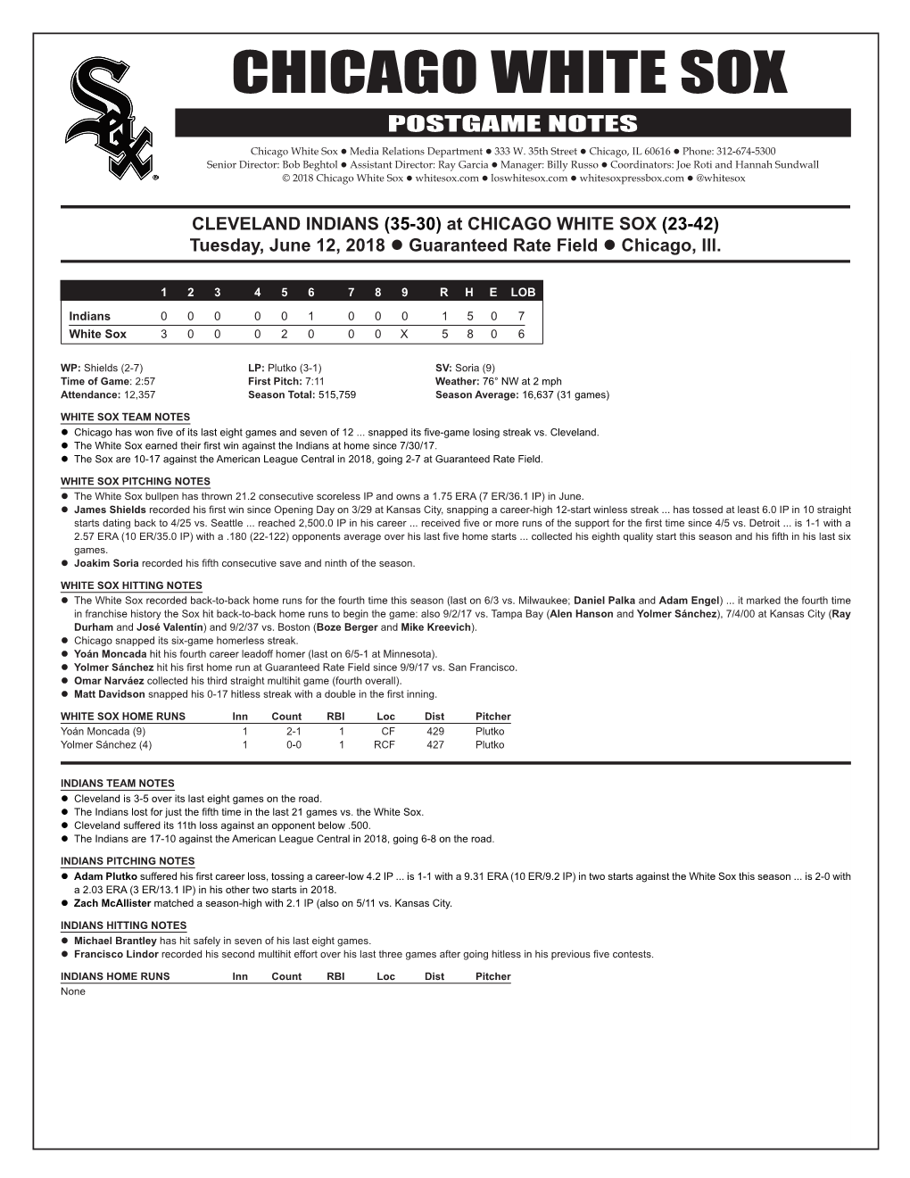 CHICAGO WHITE SOX POSTGAME NOTES Chicago White Sox  Media Relations Department  333 W