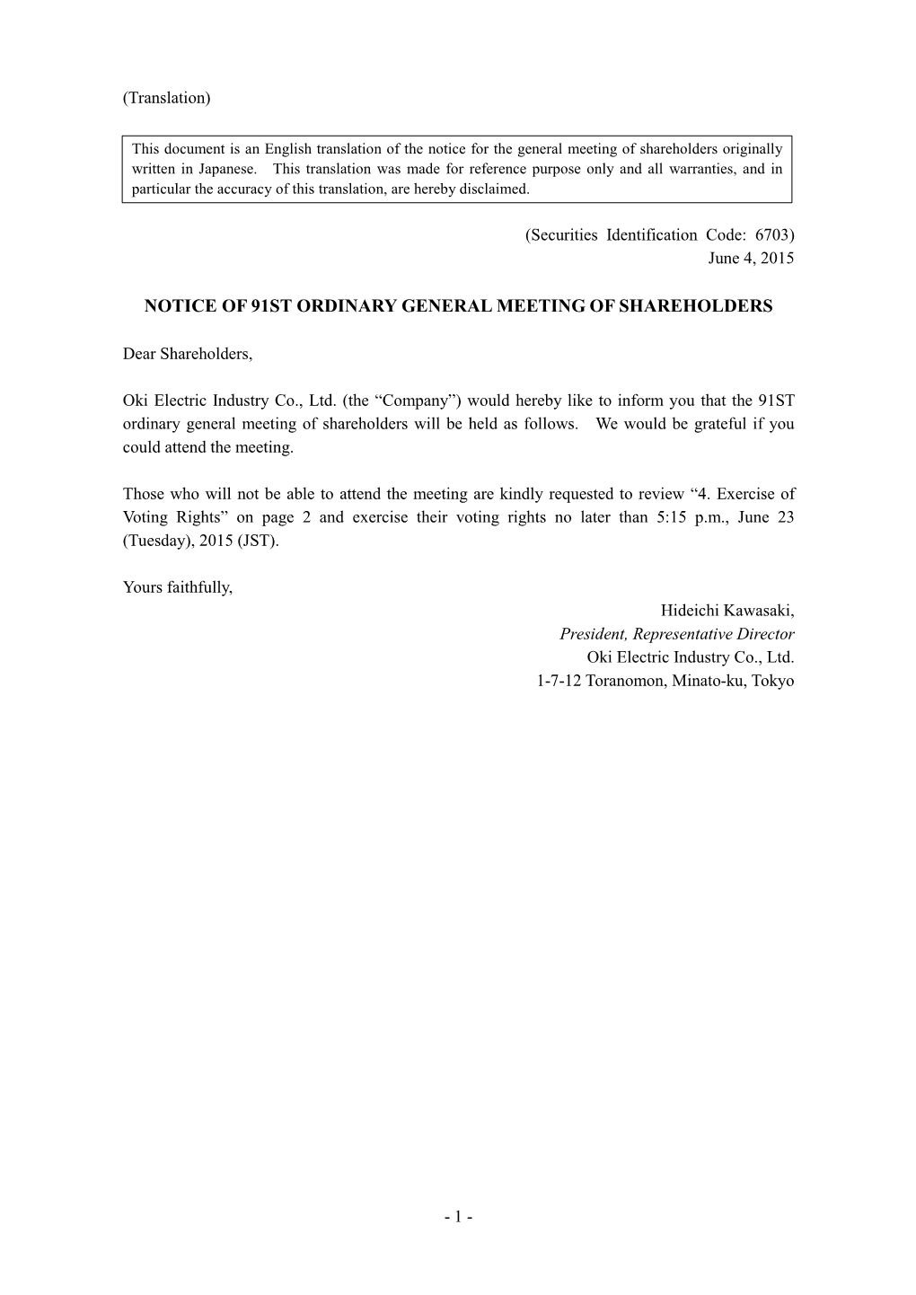 Notice of 91St Ordinary General Meeting of Shareholders