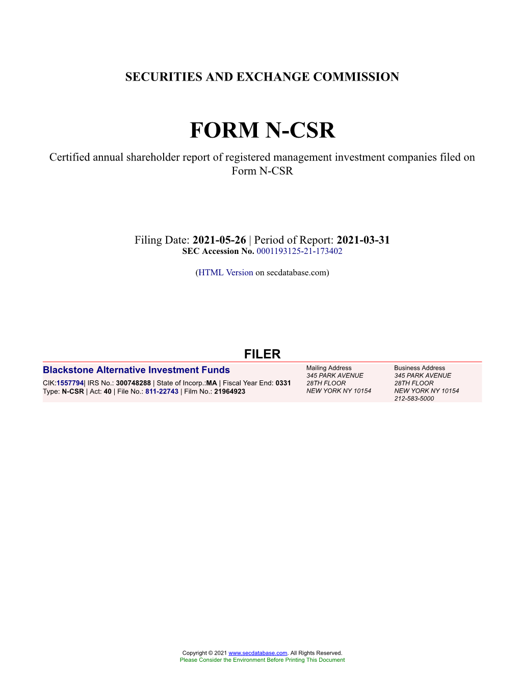 Blackstone Alternative Investment Funds Form N-CSR Filed 2021-05-26