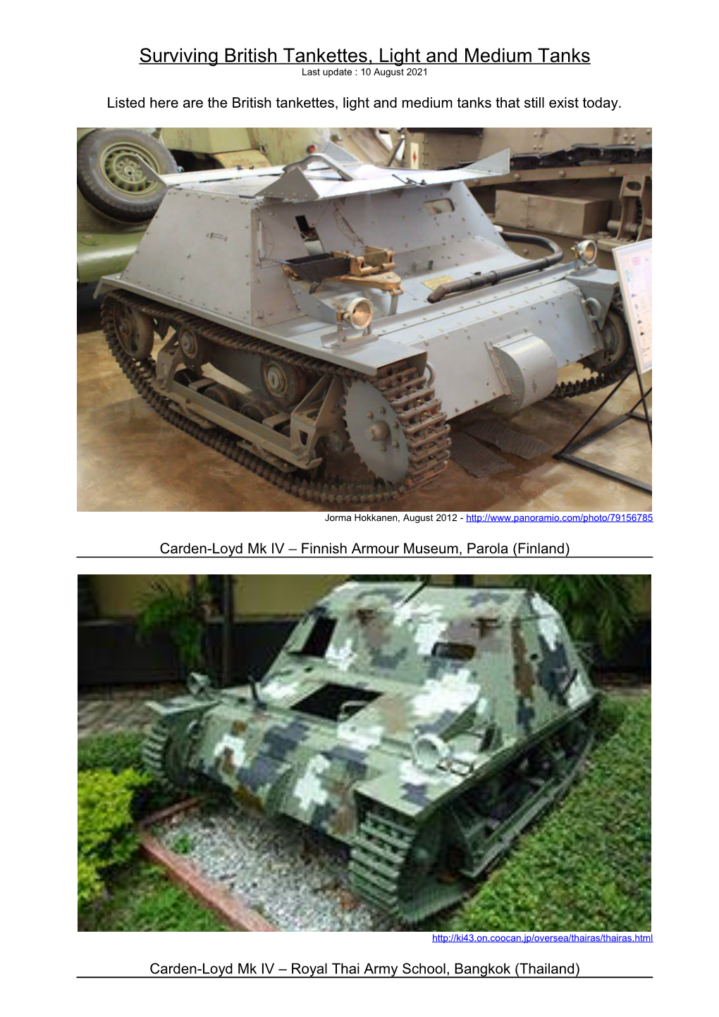 Surviving British Tankettes, Light and Medium Tanks Last Update : 10 August 2021