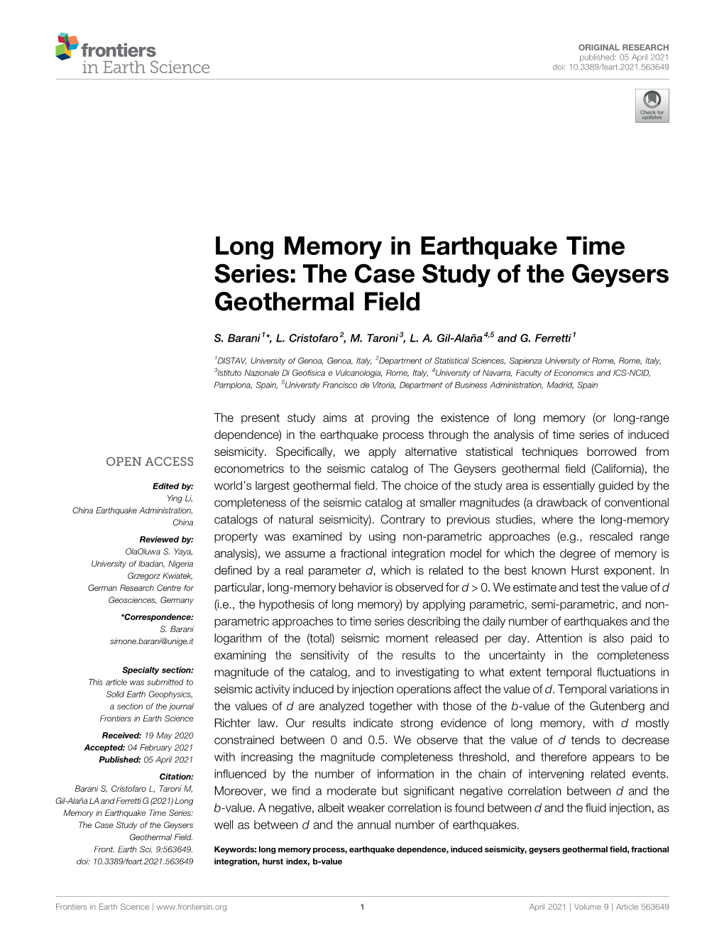 Long Memory in Earthquake Time Series: the Case Study of the Geysers Geothermal Field