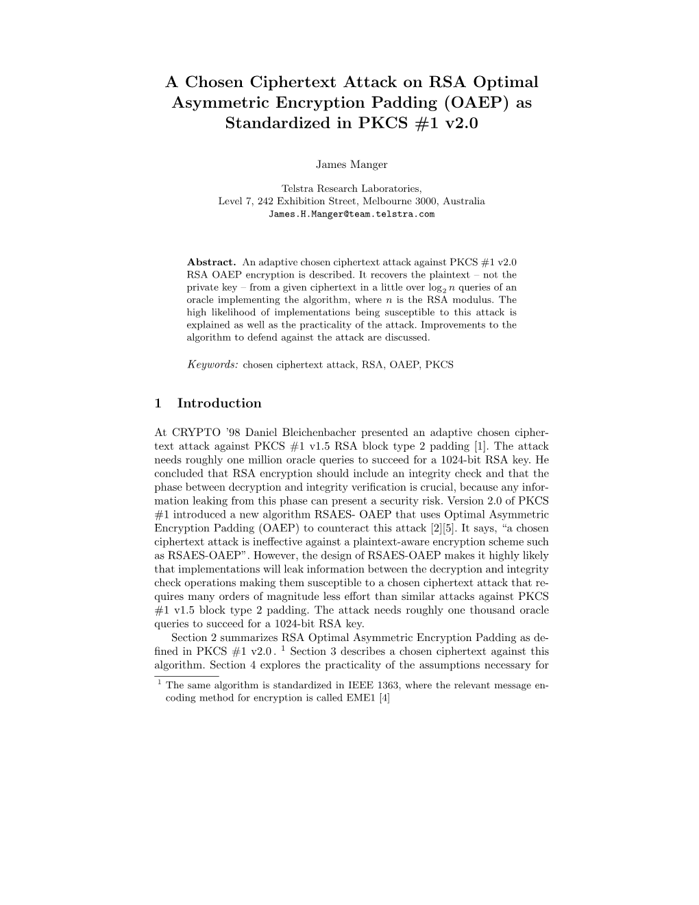 A Chosen Ciphertext Attack on RSA Optimal Asymmetric Encryption Padding (OAEP) As Standardized in PKCS #1 V2.0