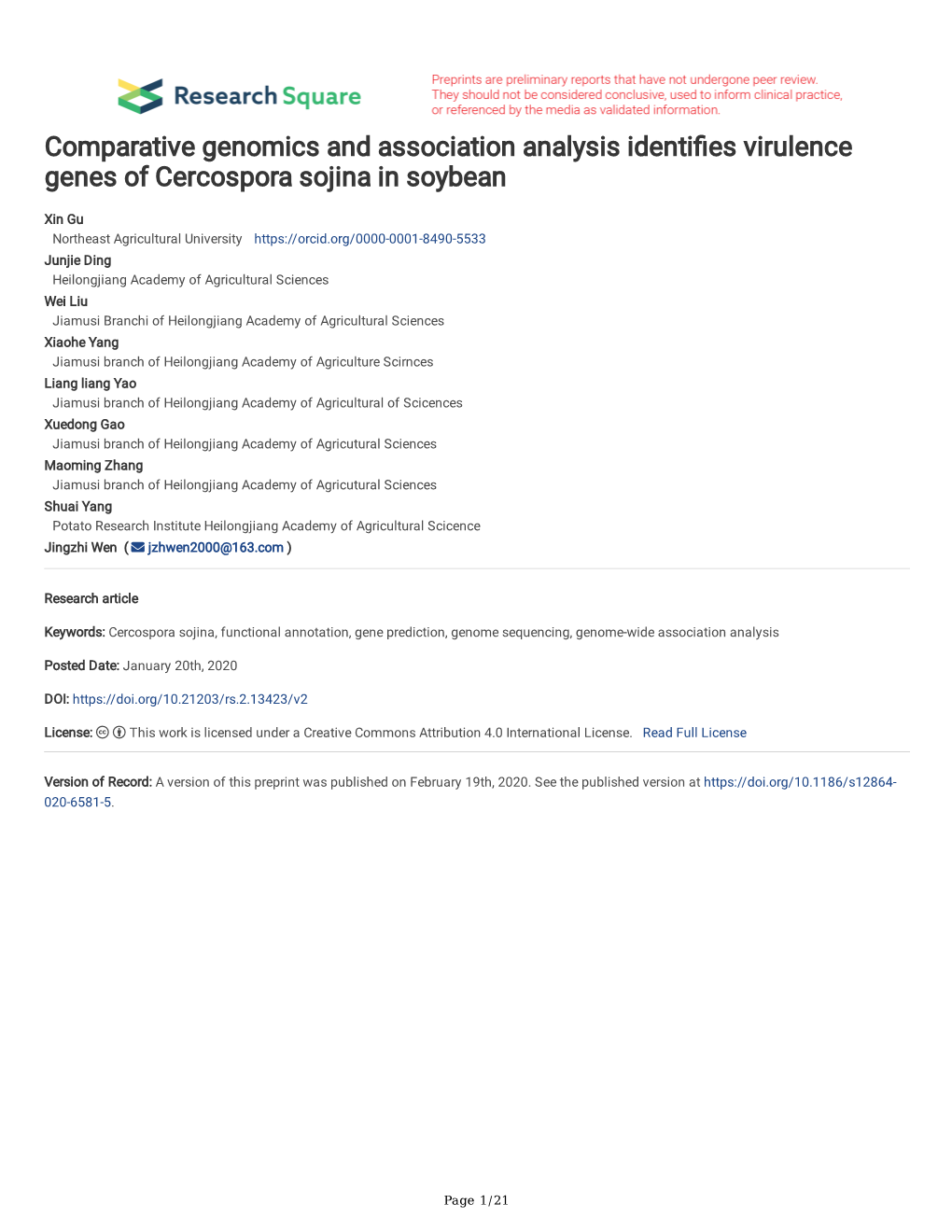 Comparative Genomics and Association Analysis Identifes Virulence Genes of Cercospora Sojina in Soybean