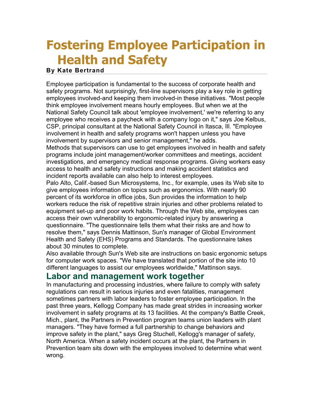 Fostering Employee Participation in Health and Safety