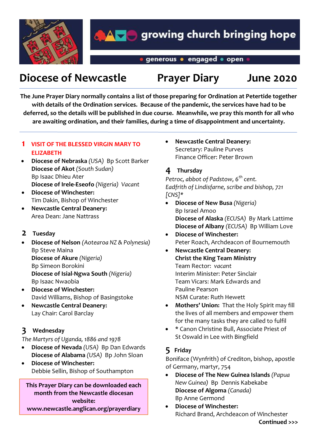 Diocese of Newcastle Prayer Diary June 2020