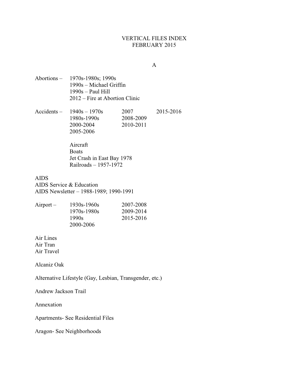 Vertical Files Index February 2015 A