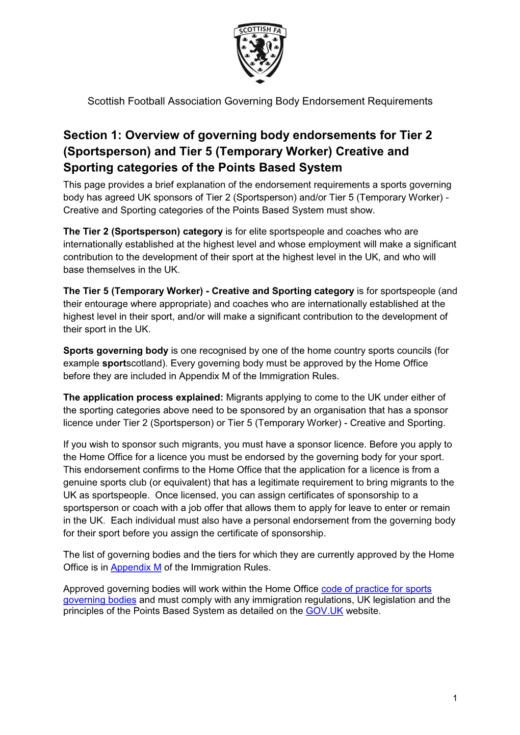 Governing Body Endorsements for Tier 2 (Sportsperson) And