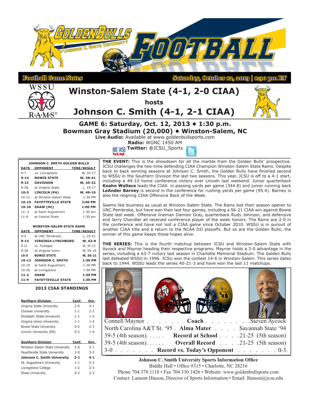 Winston-Salem State (4-1, 2-0 CIAA) Hosts Johnson C