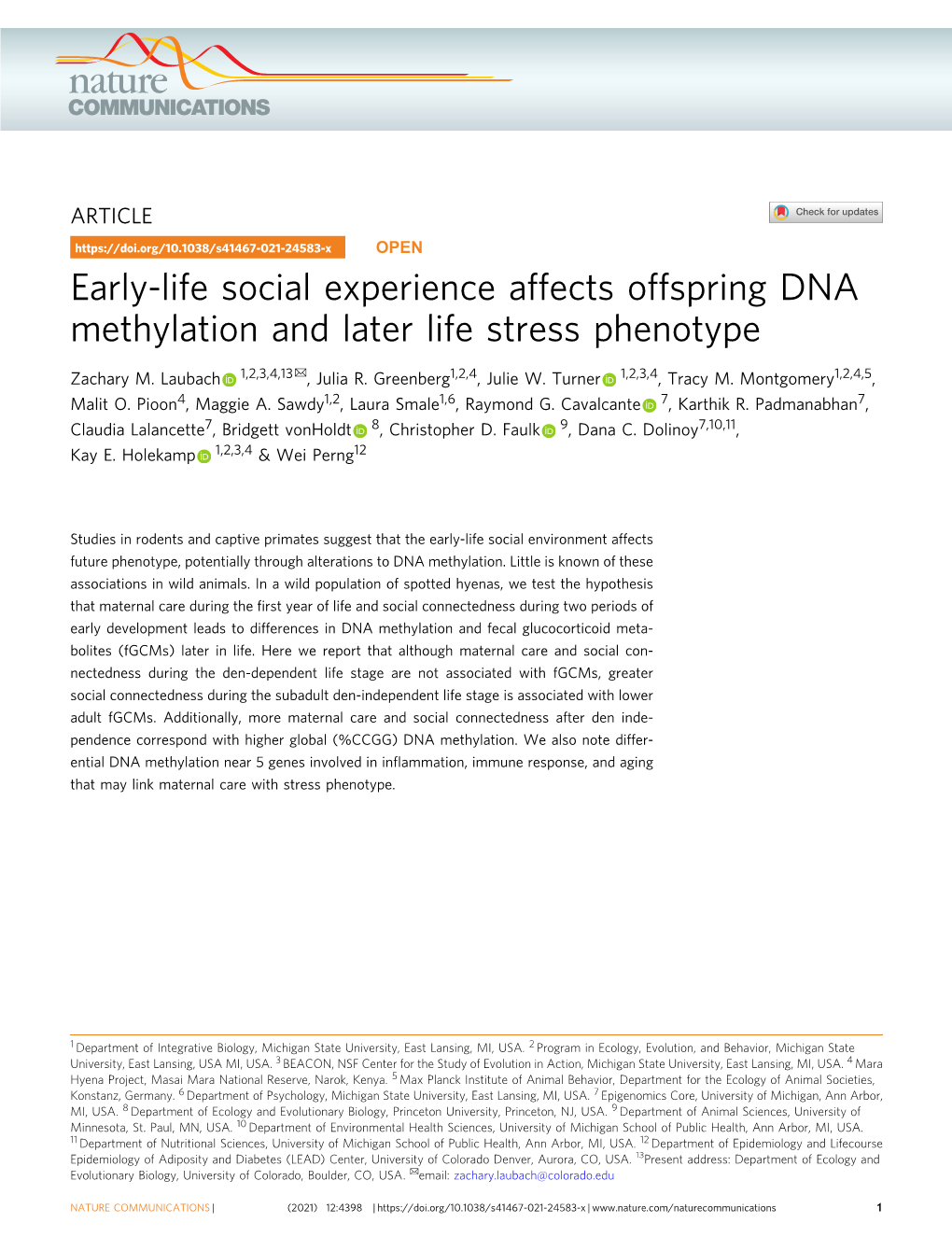 Early-Life Social Experience Affects Offspring DNA Methylation and Later Life Stress Phenotype ✉ Zachary M