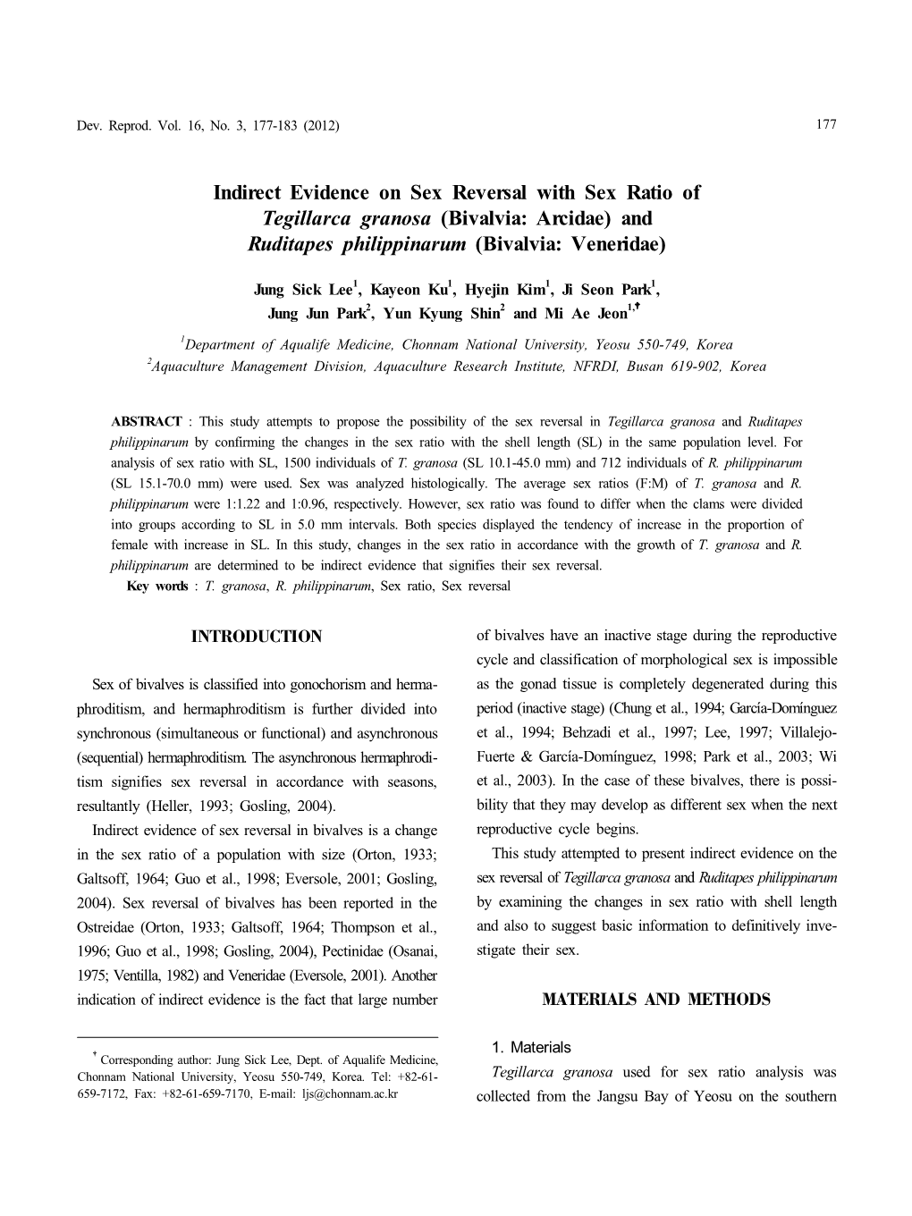 Indirect Evidence on Sex Reversal with Sex Ratio of Tegillarca Granosa (Bivalvia: Arcidae) and Ruditapes Philippinarum (Bivalvia: Veneridae)