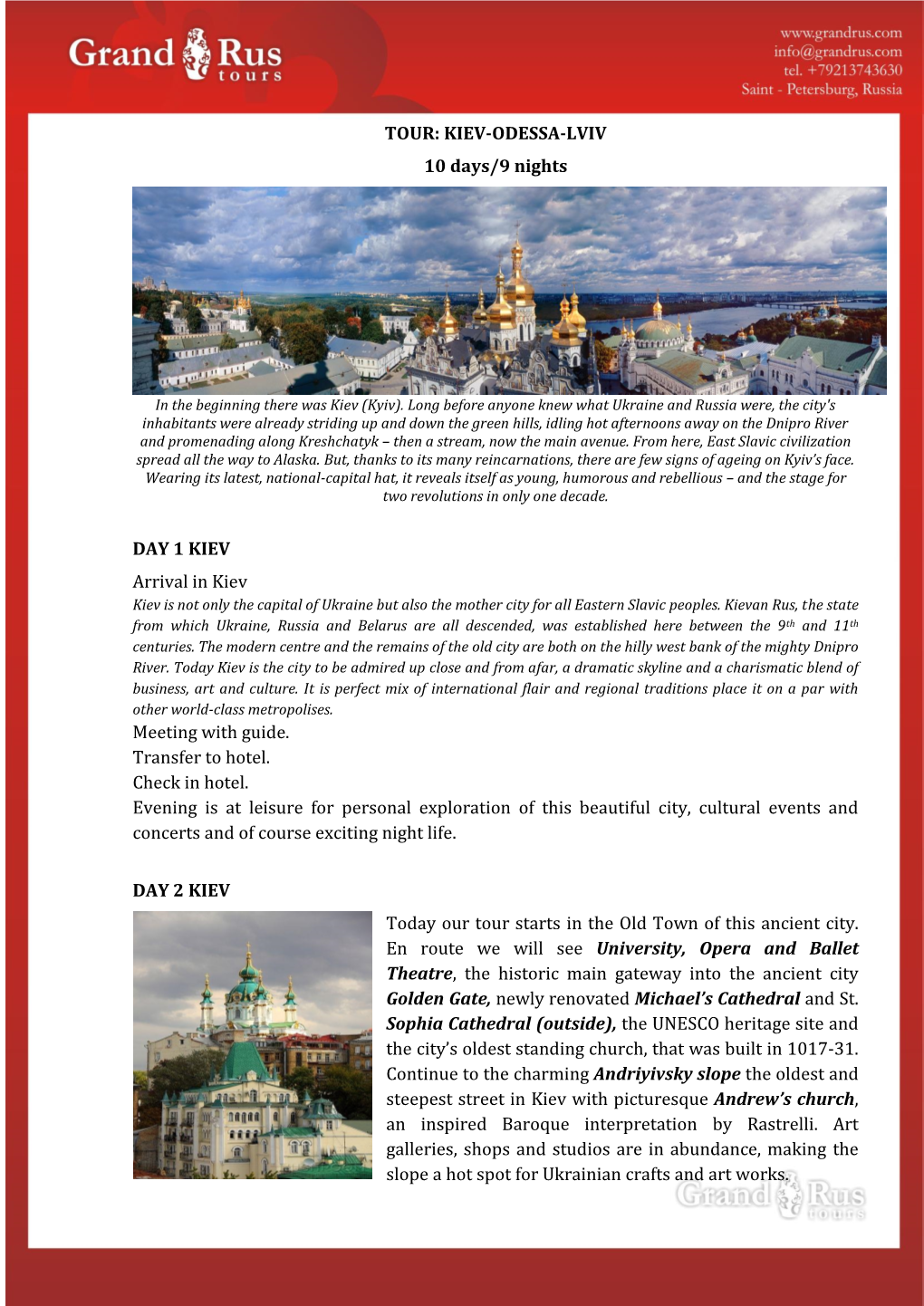 TOUR: KIEV-ODESSA-LVIV 10 Days/9 Nights