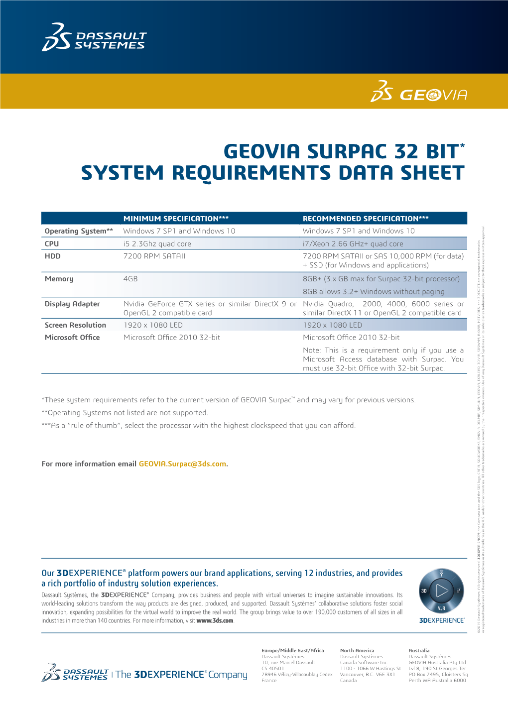 Geovia Surpac 32 Bit* System Requirements Data Sheet