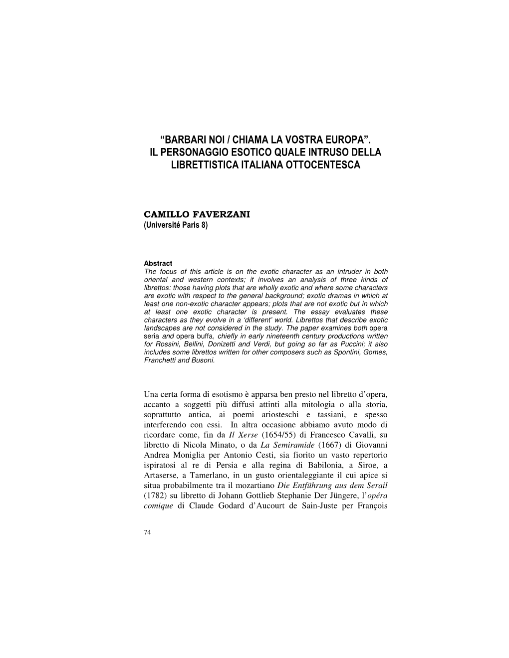 Il Personaggio Esotico Quale Intruso Della Librettistica Italiana Ottocentesca