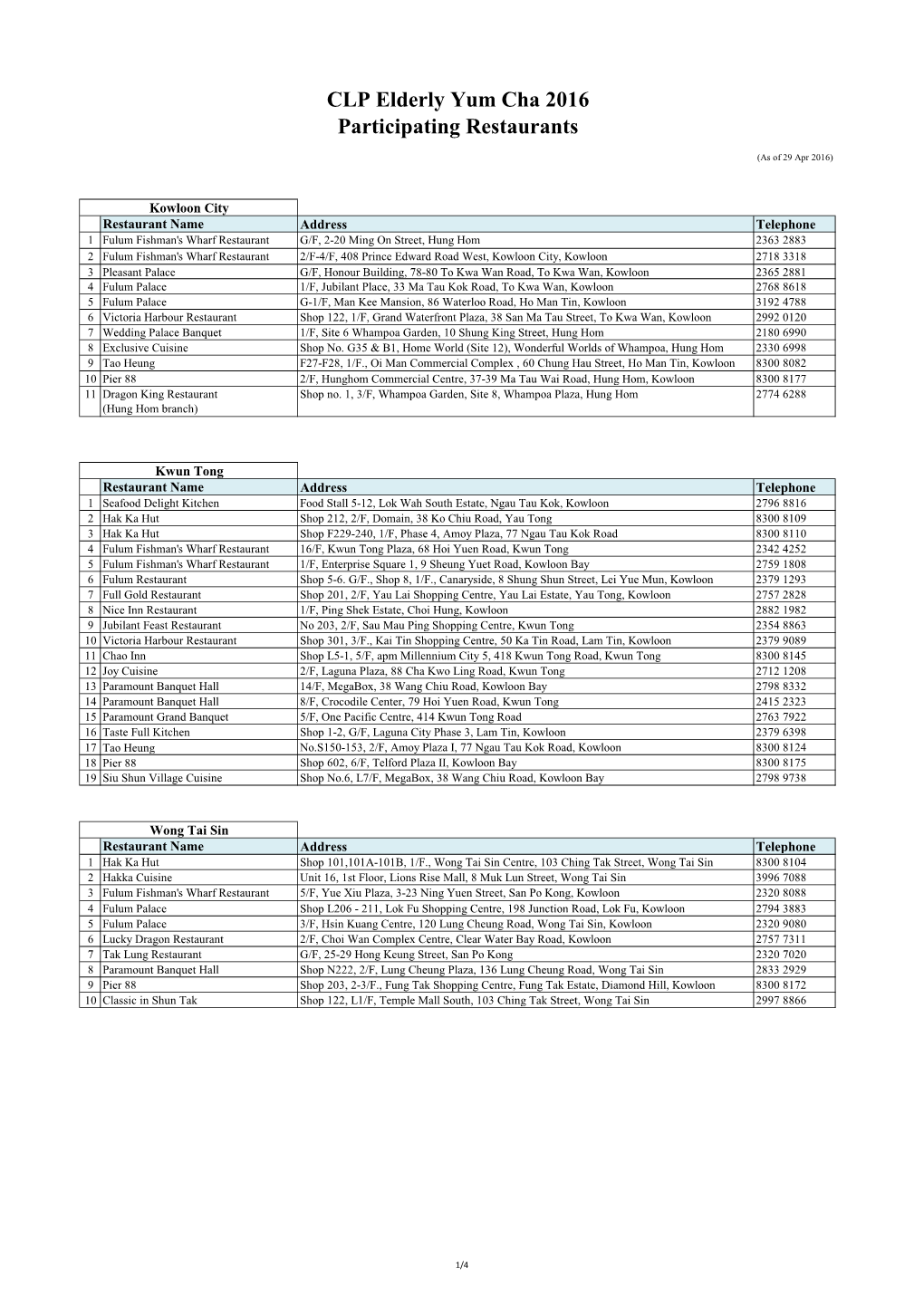 CLP Elderly Yum Cha 2016 Participating Restaurants