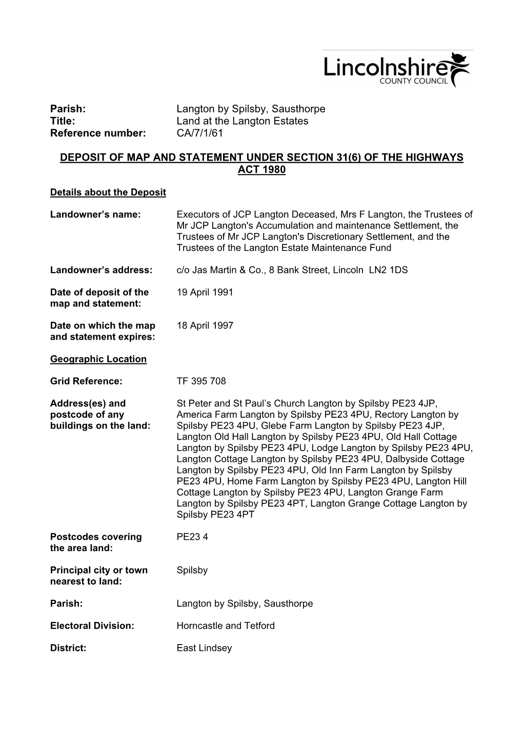 Land at the Langton Estates Reference Number: CA/7/1/61