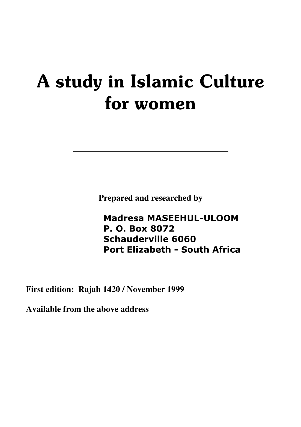 A Study in Islamic Culture for Women