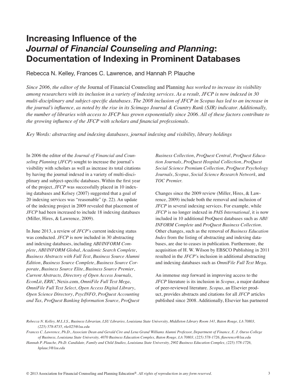 Increasing Influence of the Journal of Financial Counseling and Planning: Documentation of Indexing in Prominent Databases