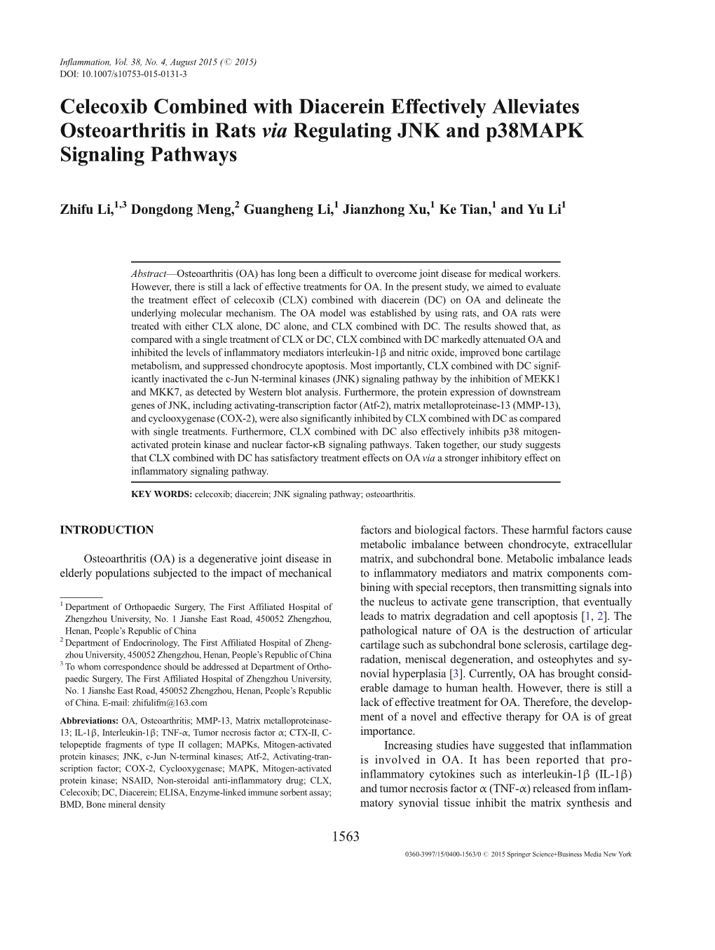 Celecoxib Combined with Diacerein Effectively Alleviates Osteoarthritis in Rats Via Regulating JNK and P38mapk Signaling Pathways