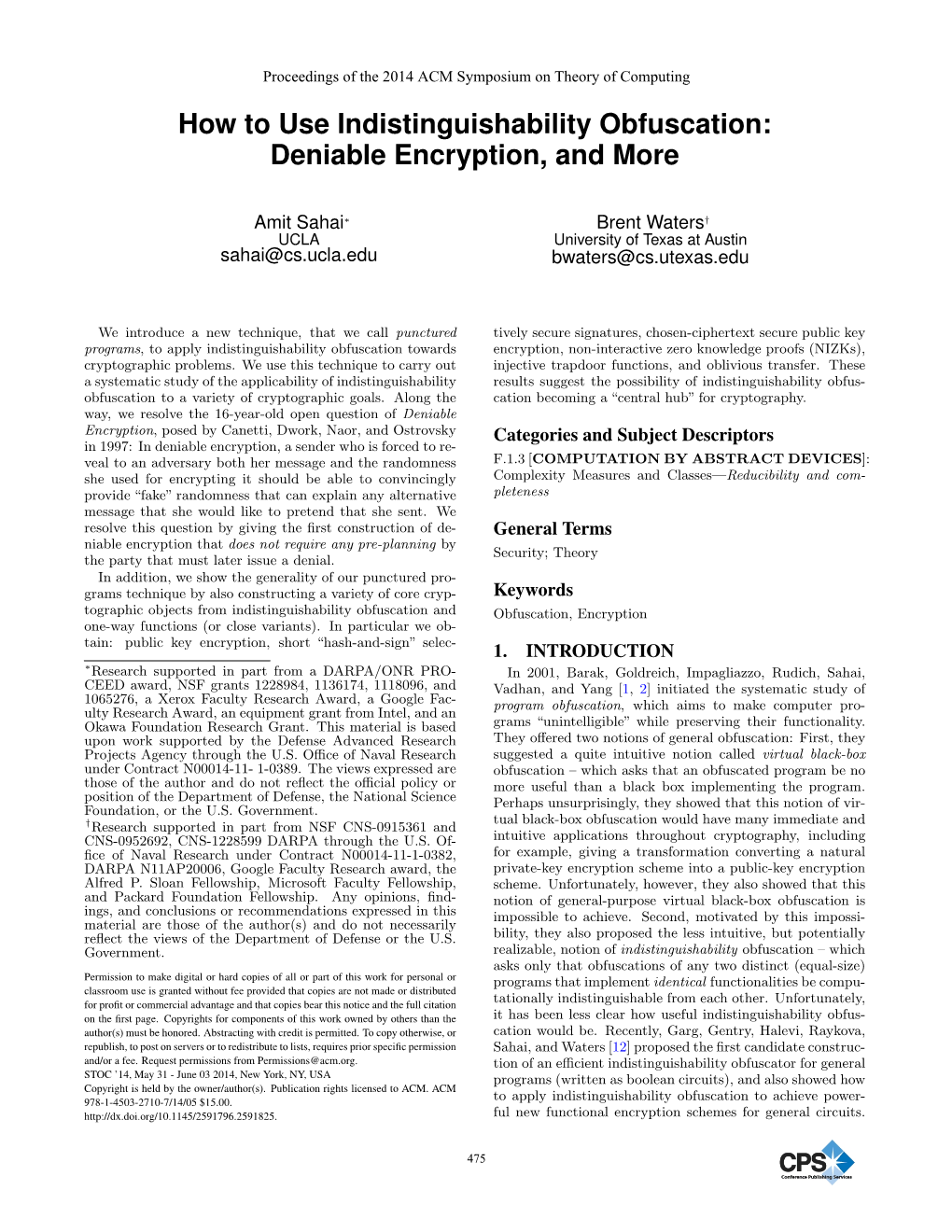 How to Use Indistinguishability Obfuscation: Deniable Encryption, and More