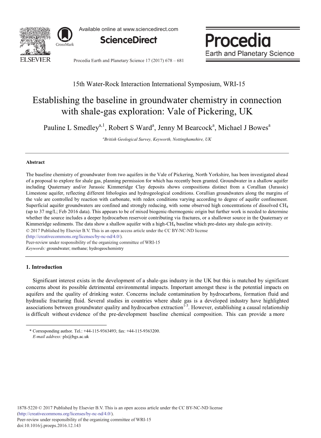 Establishing the Baseline in Groundwater Chemistry in Connection with Shale-Gas Exploration: Vale of Pickering, UK