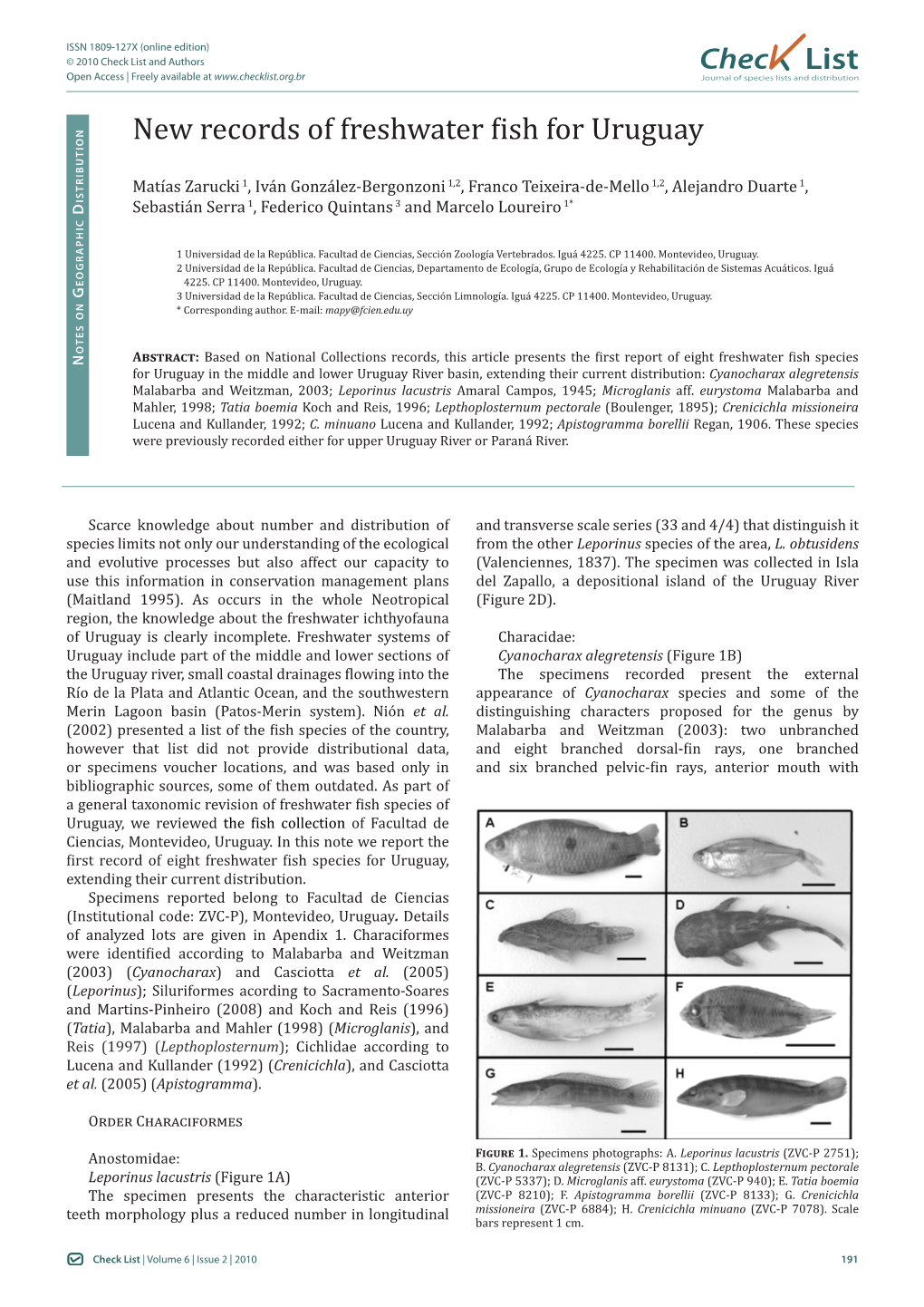 New Records of Freshwater Fish for Uruguay