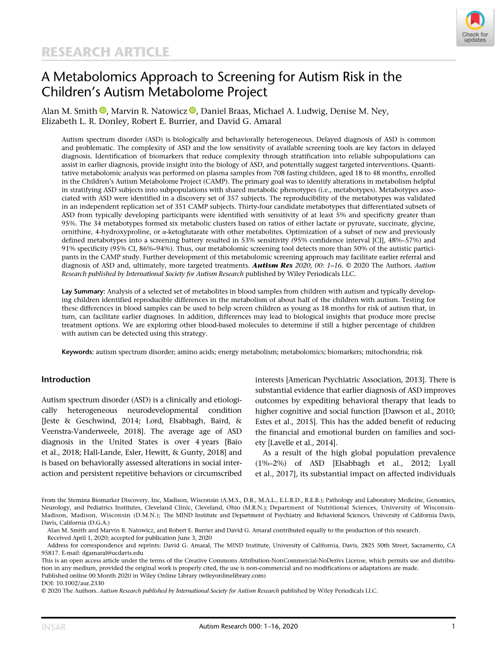 A Metabolomics Approach to Screening for Autism Risk in the Children’S Autism Metabolome Project Alan M